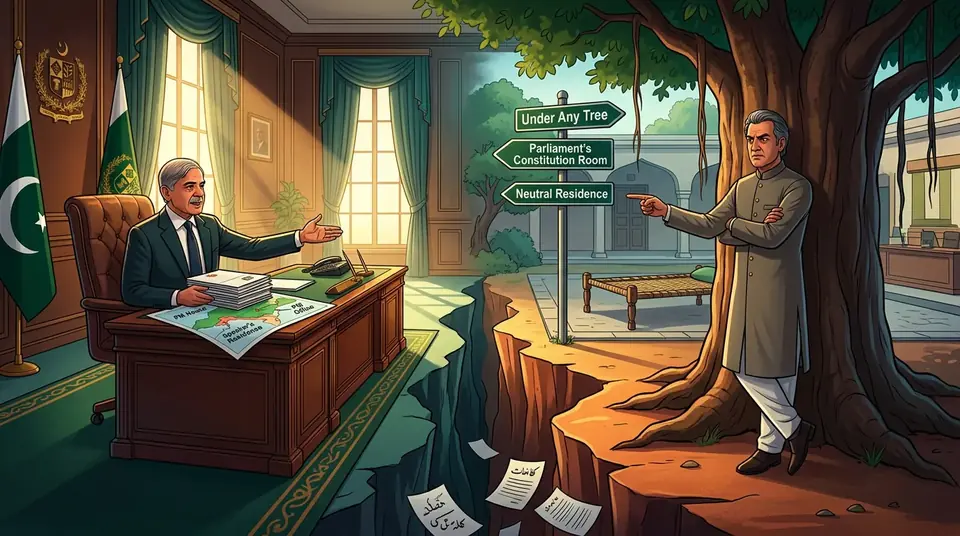Animated editorial illustration for: Deadlock Over PM-Opposition Leader Meeting as Venue Dispute Continues