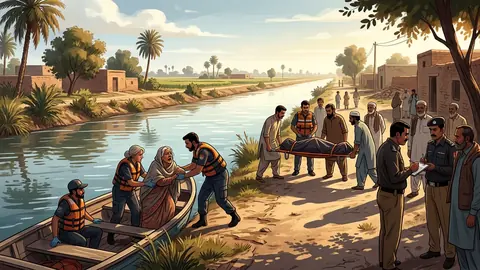 Animated editorial illustration for: Elderly man dies, wife rescued after jumping into Bahawalpur canal