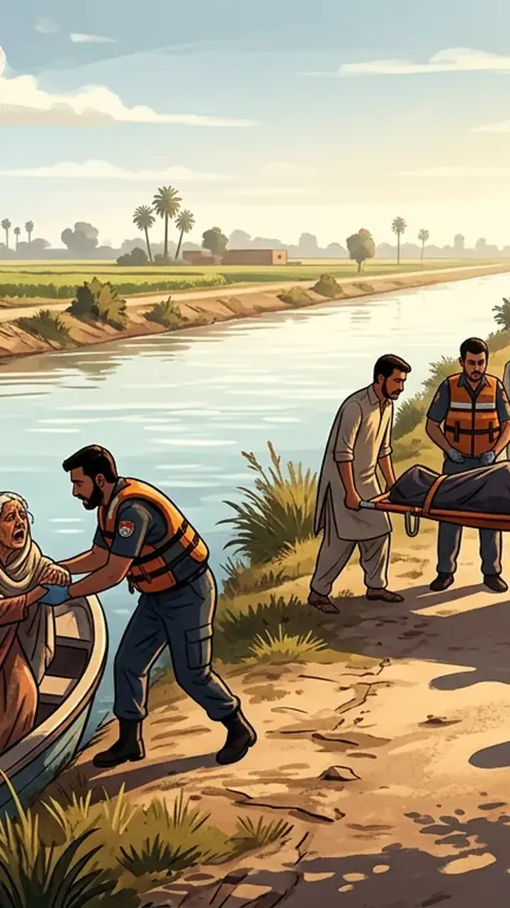 Animated editorial illustration for: Elderly man dies, wife rescued after jumping into Bahawalpur canal