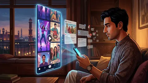Animated editorial illustration for: Facebook tests video-first redesign to compete with TikTok