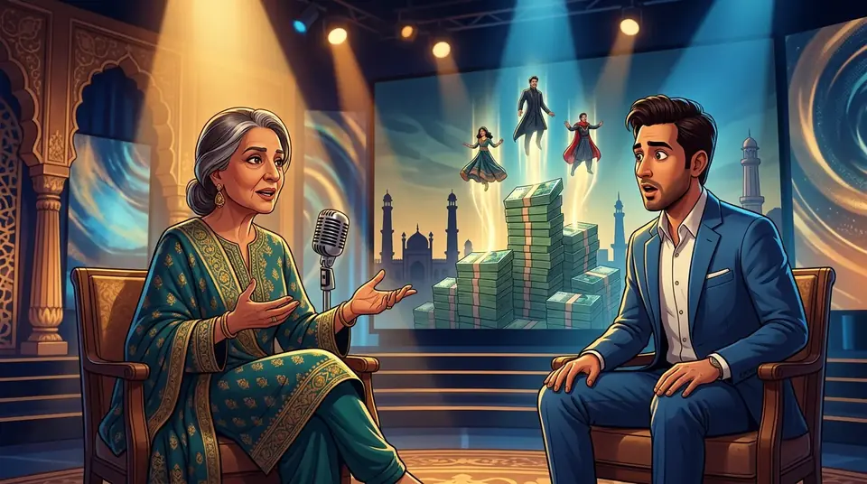 Animated editorial illustration for: Farah Nadir Reveals Top Pakistani Actors Earn Millions Per Drama