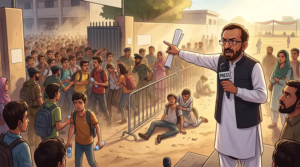Animated editorial illustration for: Farooq Sattar Slams MDCAT Arrangements, Alleges Injustice in Karachi