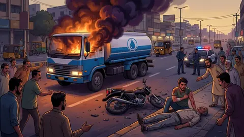 اس خبر کے لیے متحرک اداریاتی خاکہ: کراچی: واٹر ٹینکر کی موٹر سائیکل کو ٹکر، باپ جاں بحق، بیٹا زخمی