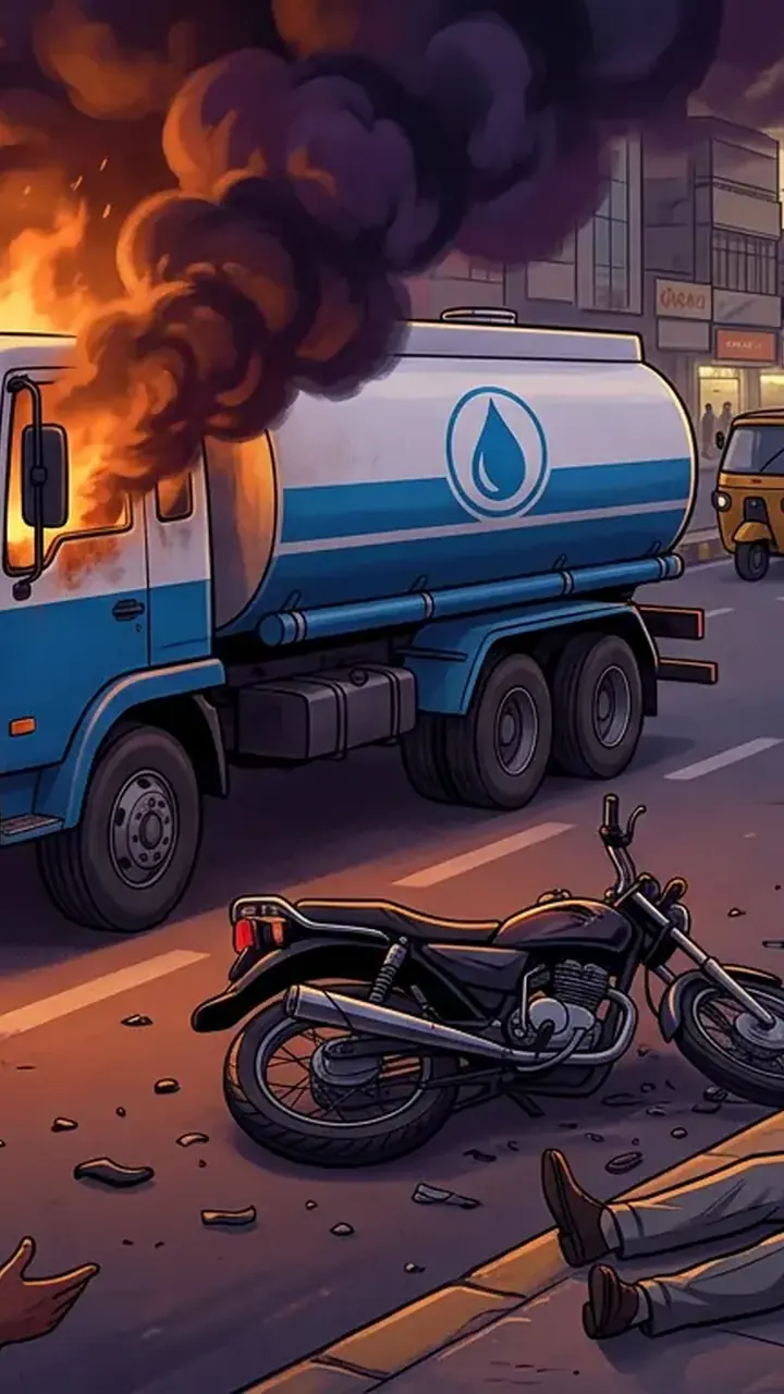 Animated editorial illustration for: Father Killed, Son Injured After Water Tanker Hits Motorcycle in Karachi