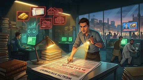 Animated editorial illustration for: FBR Uncovers Rs 9.41 Billion Wealth Statement Fraud