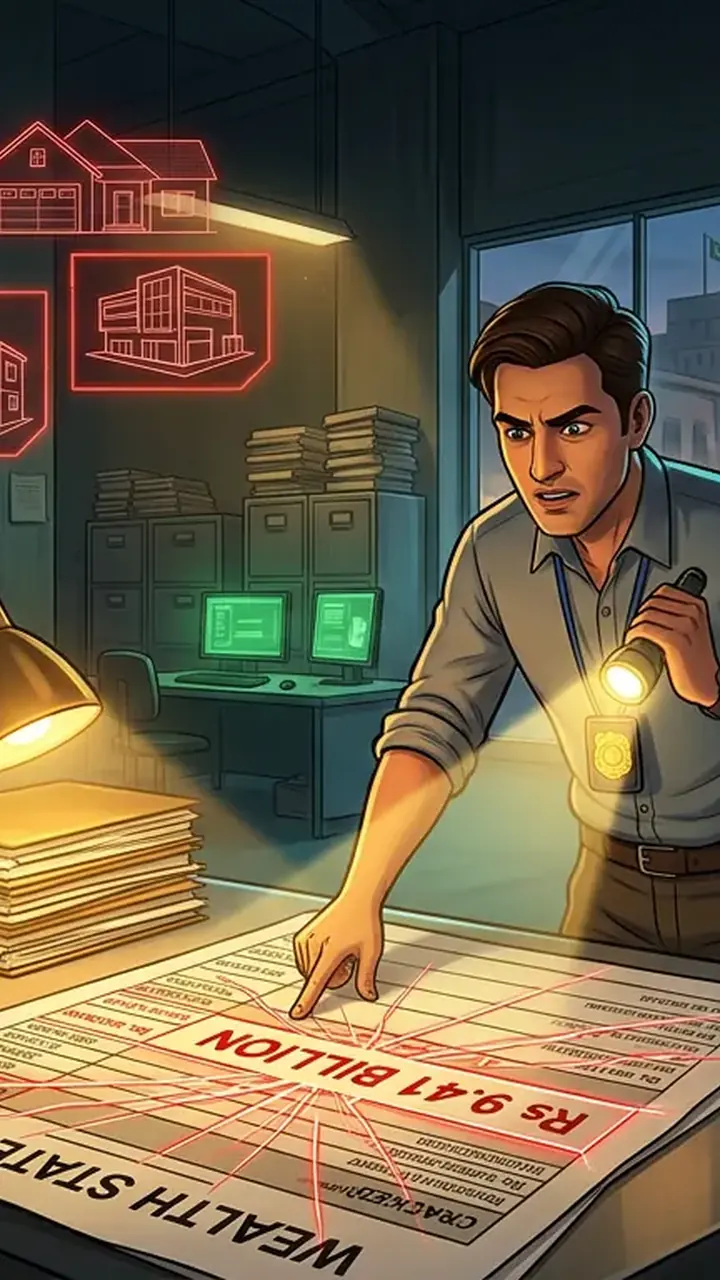 Animated editorial illustration for: FBR Uncovers Rs 9.41 Billion Wealth Statement Fraud