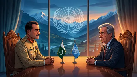 Animated editorial illustration for: Field Marshal Munir, UN Chief Discuss Kashmir, Indus Waters Treaty