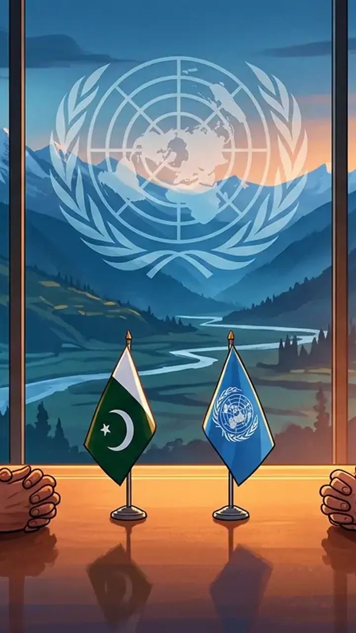 Animated editorial illustration for: Field Marshal Munir, UN Chief Discuss Kashmir, Indus Waters Treaty