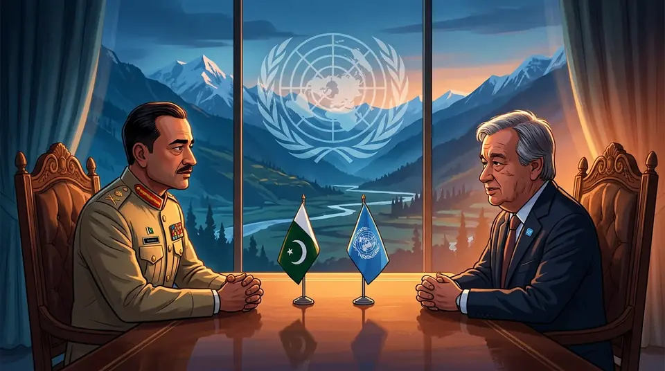 Animated editorial illustration for: Field Marshal Munir, UN Chief Discuss Kashmir, Indus Waters Treaty