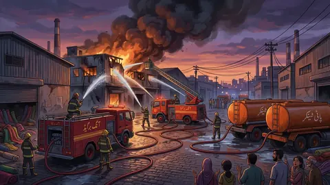 Animated editorial illustration for: Fire at Karachi Warehouse Controlled, No Casualties Reported