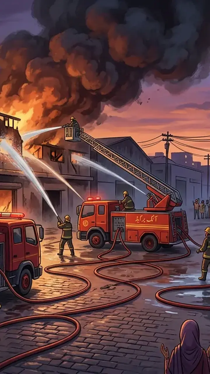 Animated editorial illustration for: Fire at Karachi Warehouse Controlled, No Casualties Reported