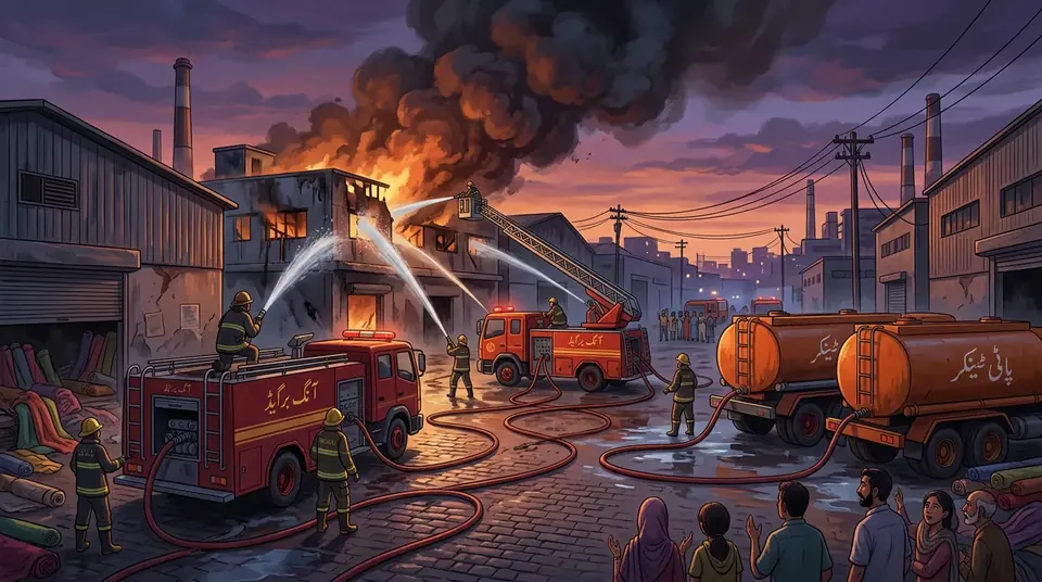 Animated editorial illustration for: Fire at Karachi Warehouse Controlled, No Casualties Reported