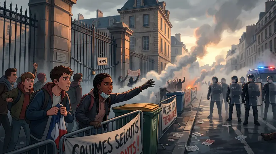 Animated editorial illustration for: France Suspends Use of Stun Grenades in Policing Student Protests