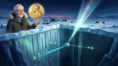 Animated editorial illustration for: Francis Halzen wins 2026 Nobel Physics Prize for neutrino research