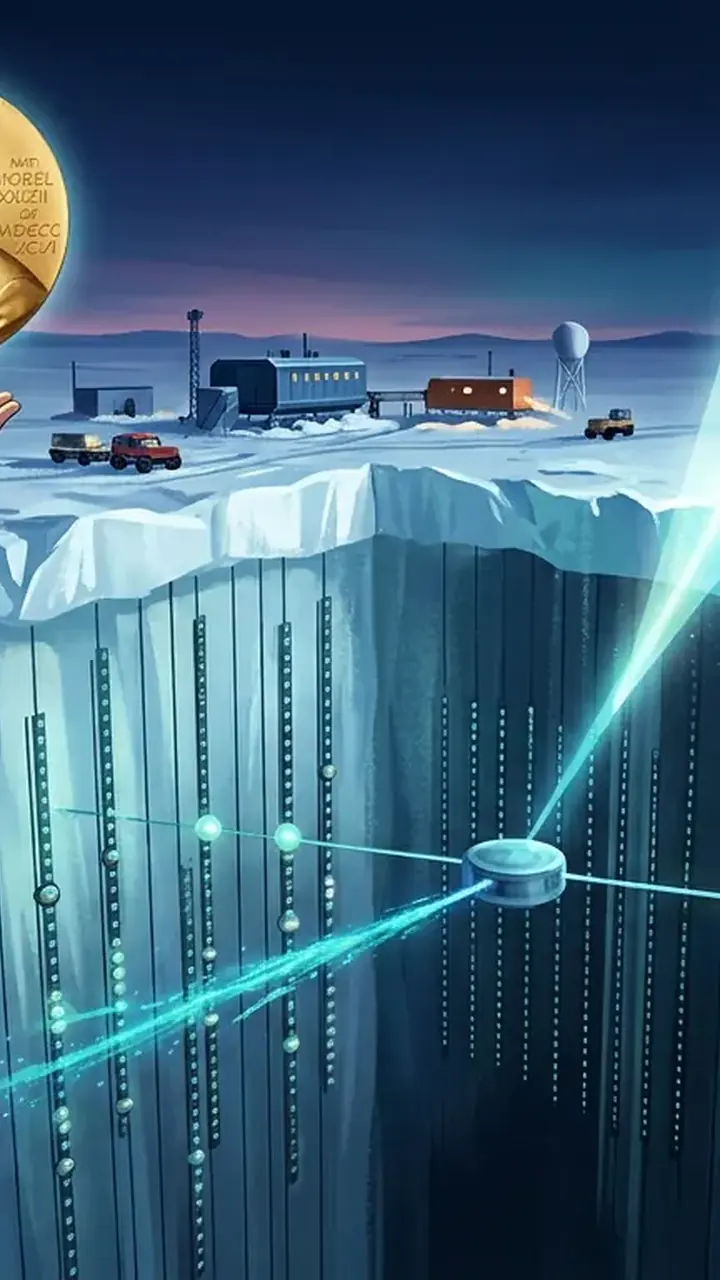 Animated editorial illustration for: Francis Halzen wins 2026 Nobel Physics Prize for neutrino research