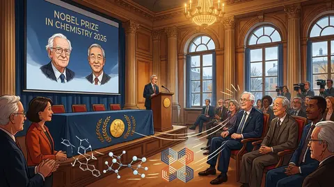Animated editorial illustration for: French-Japanese duo Henri Kagan and Kenso Soai win 2026 Nobel Chemistry Prize