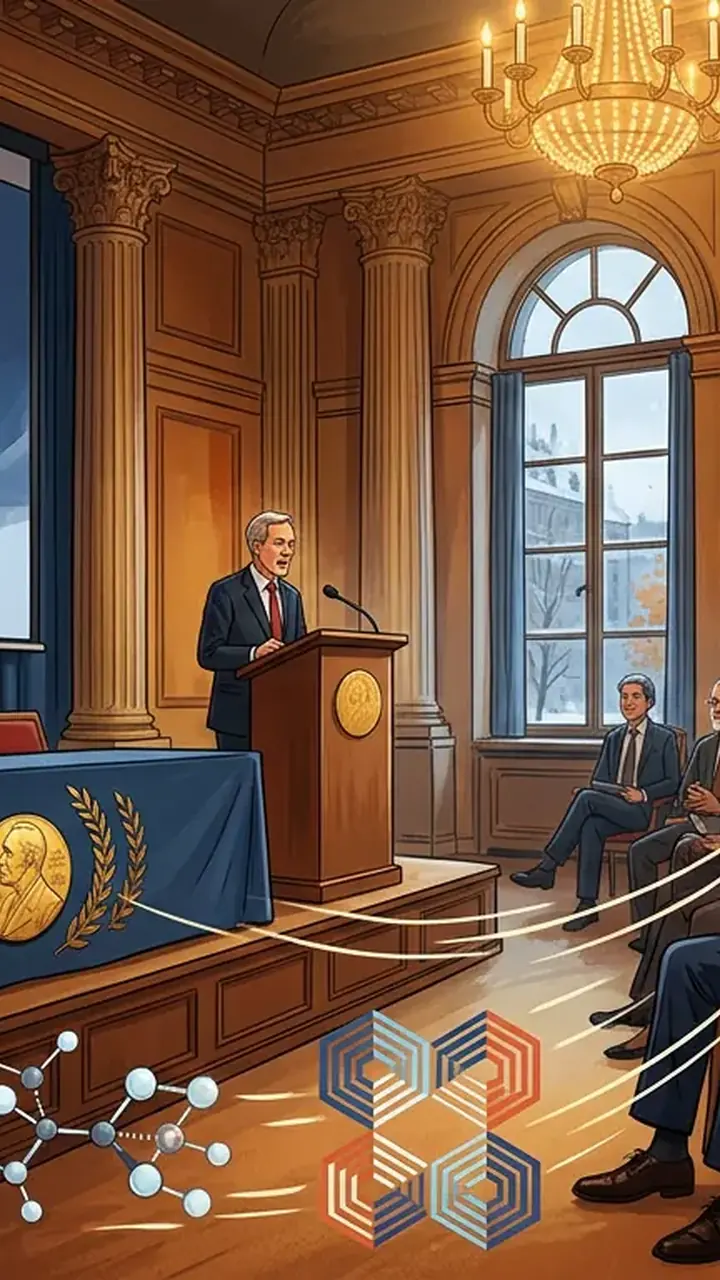 Animated editorial illustration for: French-Japanese duo Henri Kagan and Kenso Soai win 2026 Nobel Chemistry Prize