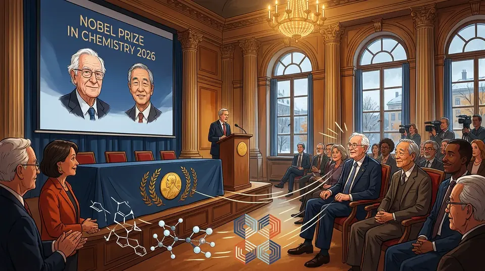 Animated editorial illustration for: French-Japanese duo Henri Kagan and Kenso Soai win 2026 Nobel Chemistry Prize