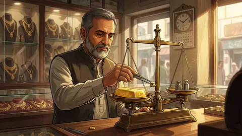 Animated editorial illustration for: Gold price holds steady at Rs 437,536 per tola in Pakistan