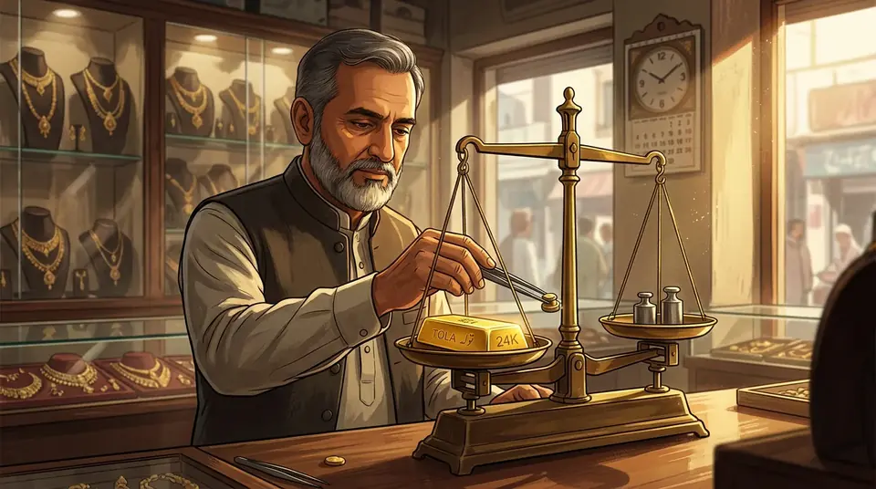 Animated editorial illustration for: Gold price holds steady at Rs 437,536 per tola in Pakistan