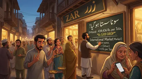 Animated editorial illustration for: Gold price in Pakistan drops by Rs 3,100 per tola
