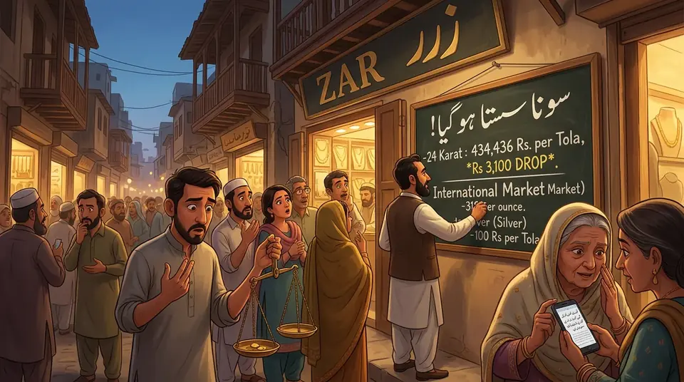 Animated editorial illustration for: Gold price in Pakistan drops by Rs 3,100 per tola