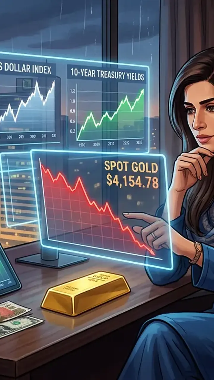Animated editorial illustration for: Gold prices fall for second week on strong dollar, high yields