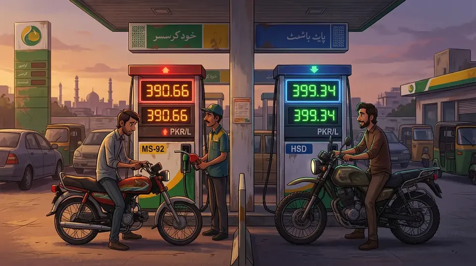 اس خبر کے لیے متحرک اداریاتی خاکہ: پیٹرول 3.26 روپے مہنگا، ڈیزل 1.01 روپے سستا