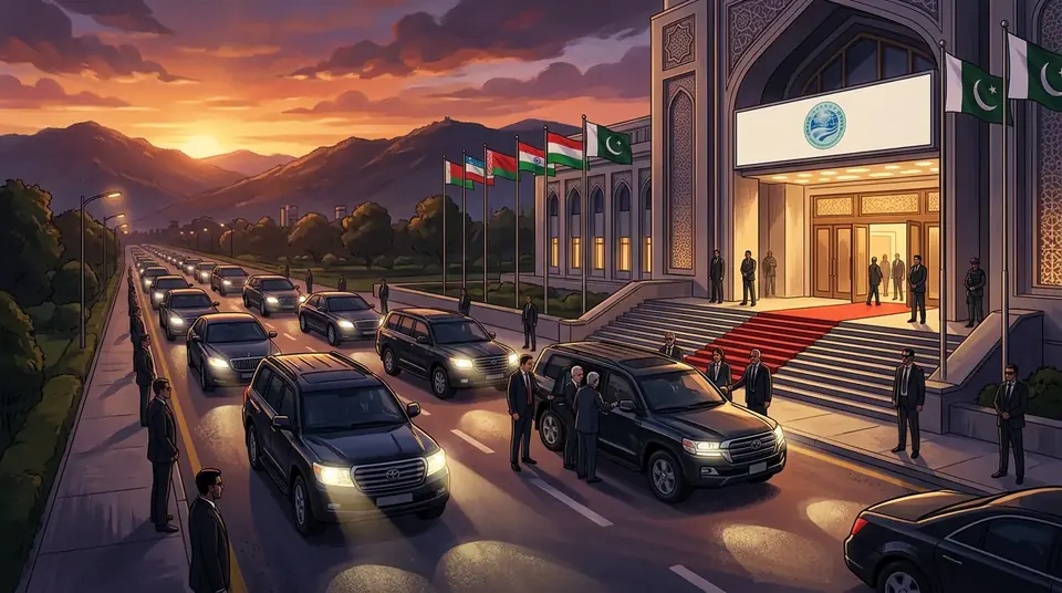 Animated editorial illustration for: Govt Defends Purchase of 45 Bulletproof Vehicles for 2027 SCO Summit