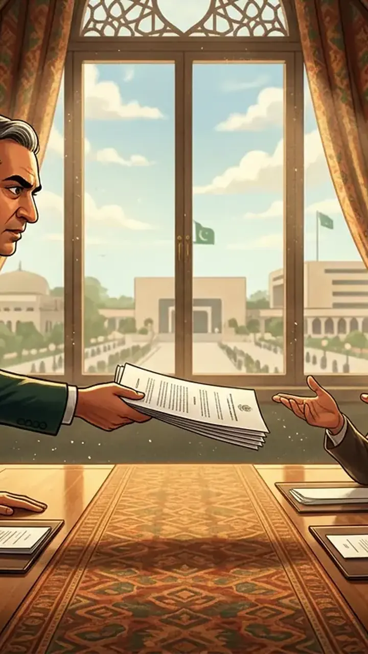 Animated editorial illustration for: Govt presents ‘charge sheet’ against KP govt during opposition talks