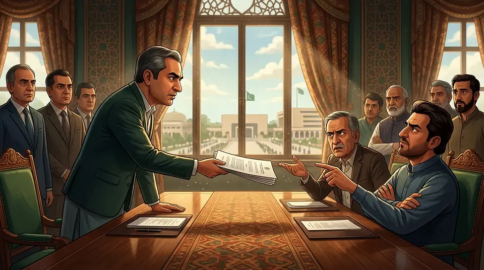 Animated editorial illustration for: Govt presents ‘charge sheet’ against KP govt during opposition talks