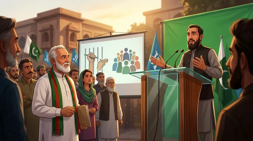 Animated editorial illustration for: Opposition Alliance Invites JI, Shahid Khaqan Abbasi to Multiparty Conference