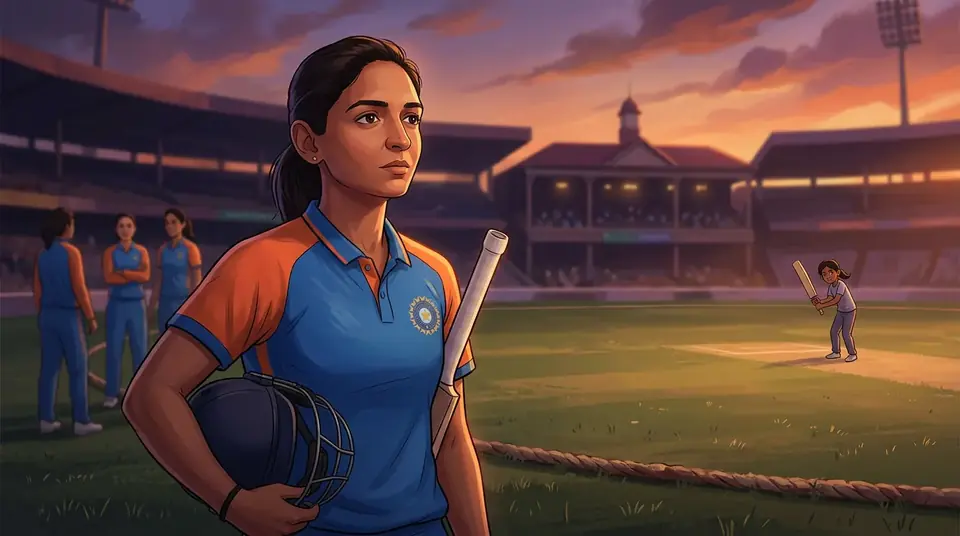 Animated editorial illustration for: Harmanpreet Kaur steps down as India women’s cricket team captain