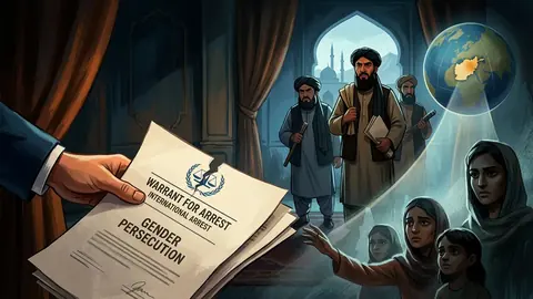 Animated editorial illustration for: Taliban Reject ICC Arrest Warrants for Senior Leaders