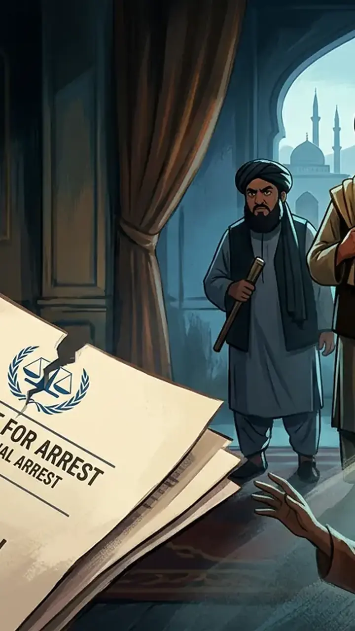 Animated editorial illustration for: Taliban Reject ICC Arrest Warrants for Senior Leaders