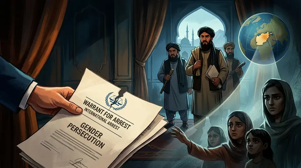 Animated editorial illustration for: ICC Warrants for Taliban Leaders Allege Murder, Torture, Gender Persecution