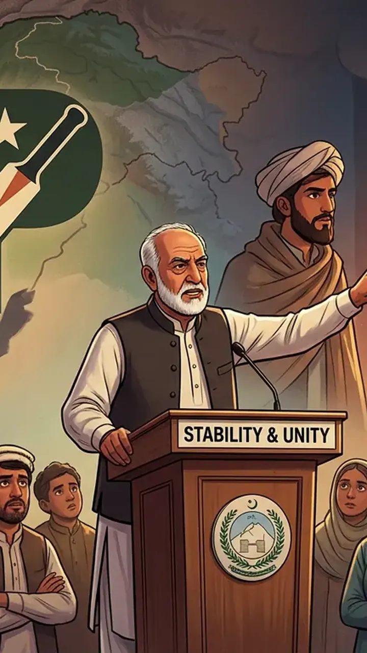 Animated editorial illustration for: Ikhtiyar Wali Khan Accuses PTI of Playing the Pashtun Card