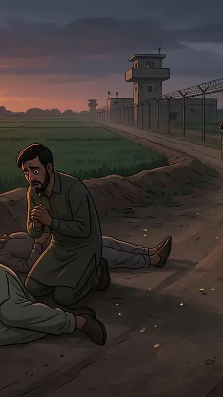 Animated editorial illustration for: Two Civilians Killed, One Injured in Indian BSF Firing Near Kasur