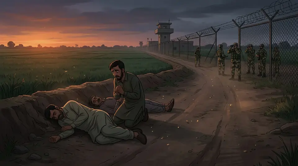 Animated editorial illustration for: Indian BSF firing kills two unarmed Pakistani civilians near Kasur