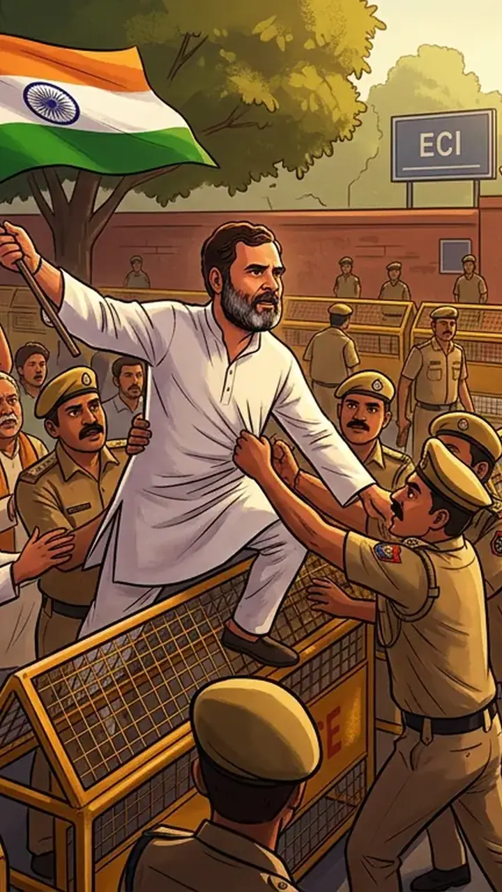 Animated editorial illustration for: Indian Protests Intensify Amid Claims of ECI Internal Dissent