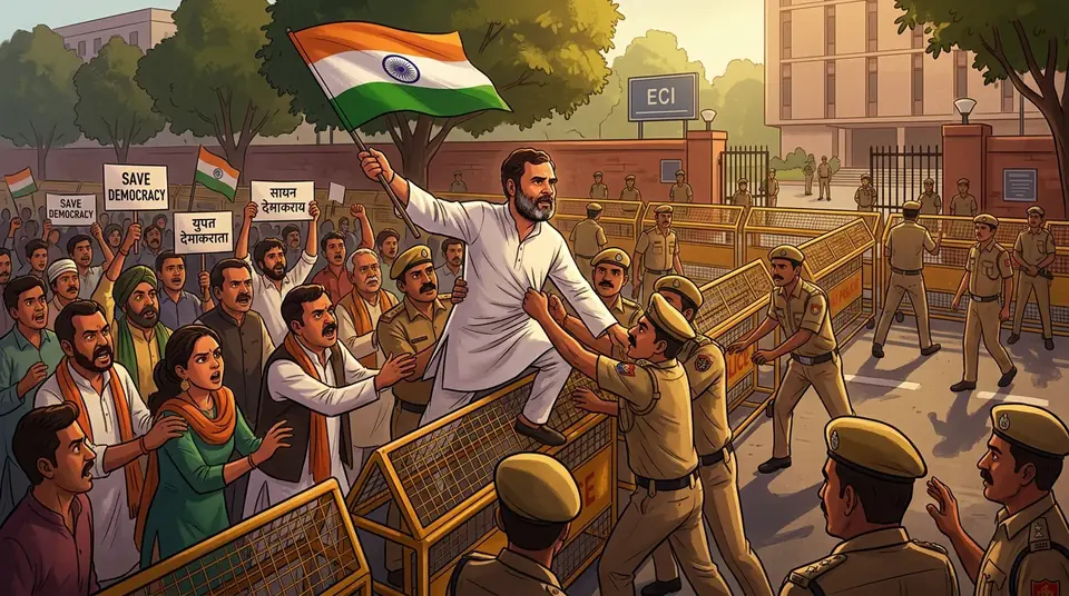 Animated editorial illustration for: Indian Protests Intensify Amid Claims of ECI Internal Dissent