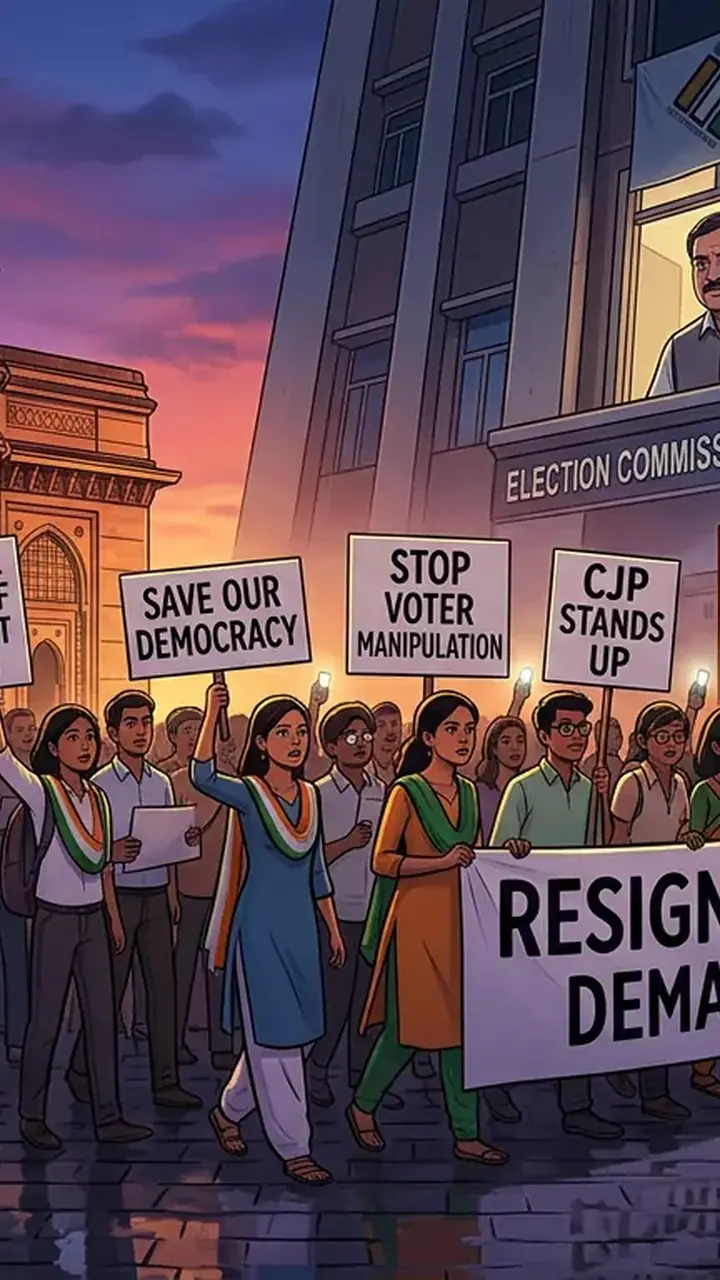 Animated editorial illustration for: Rahul Gandhi Demands Amit Shah Answer for Police Conduct at Voter Protests