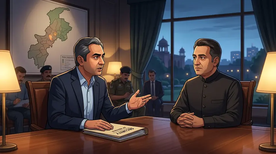 Animated editorial illustration for: Naqvi Blames KP CM for Failed Talks, Flies to Peshawar for Security Meetings