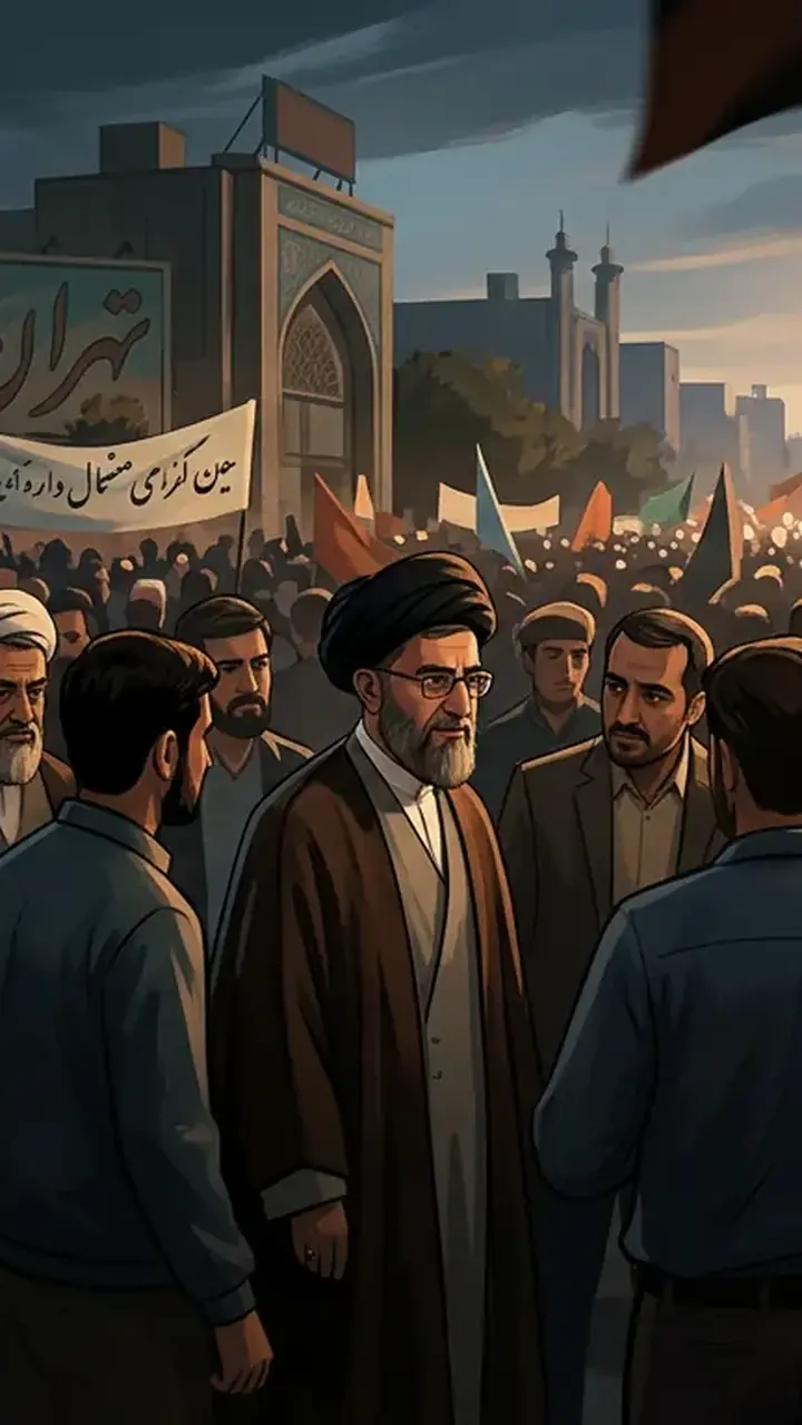 Animated editorial illustration for: Iran’s New Supreme Leader Mojtaba Khamenei Allegedly Attends Tehran Rally