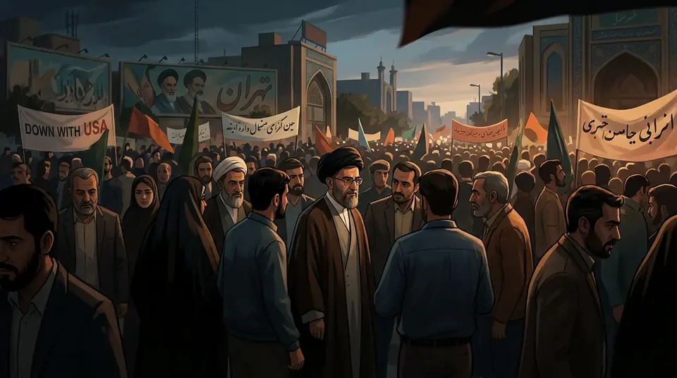 اس خبر کے لیے متحرک اداریاتی خاکہ: ایران کے نئے سپریم لیڈر مجتبیٰ خامنہ ای کی تہران ریلی میں مبینہ شرکت