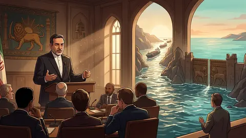 Animated editorial illustration for: Iran Confirms Review of US Proposal on Strait of Hormuz De-escalation