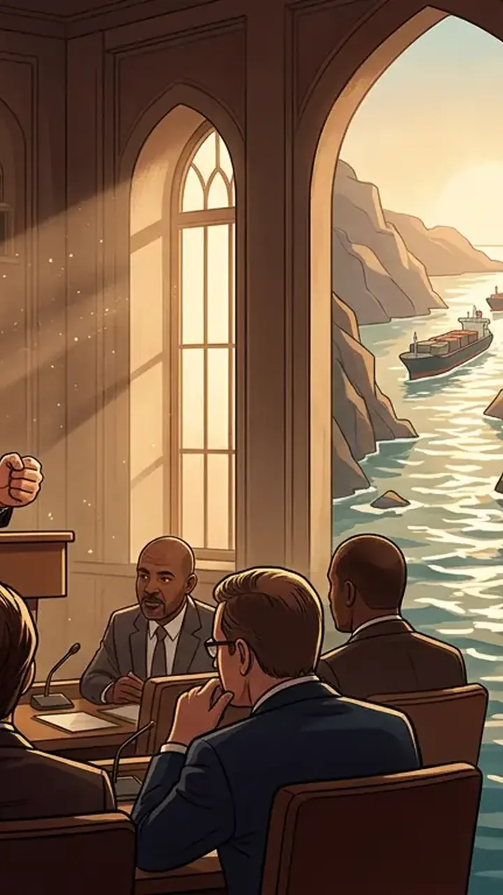 Animated editorial illustration for: Iran Confirms Review of US Proposal on Strait of Hormuz De-escalation
