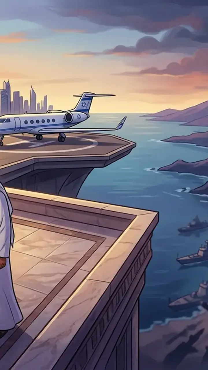 Animated editorial illustration for: Iran warns UAE of ‘consequences’ for hosting Israeli PM Netanyahu
