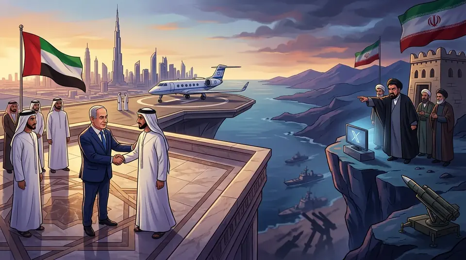 Animated editorial illustration for: Iran warns UAE of ‘consequences’ for hosting Israeli PM Netanyahu