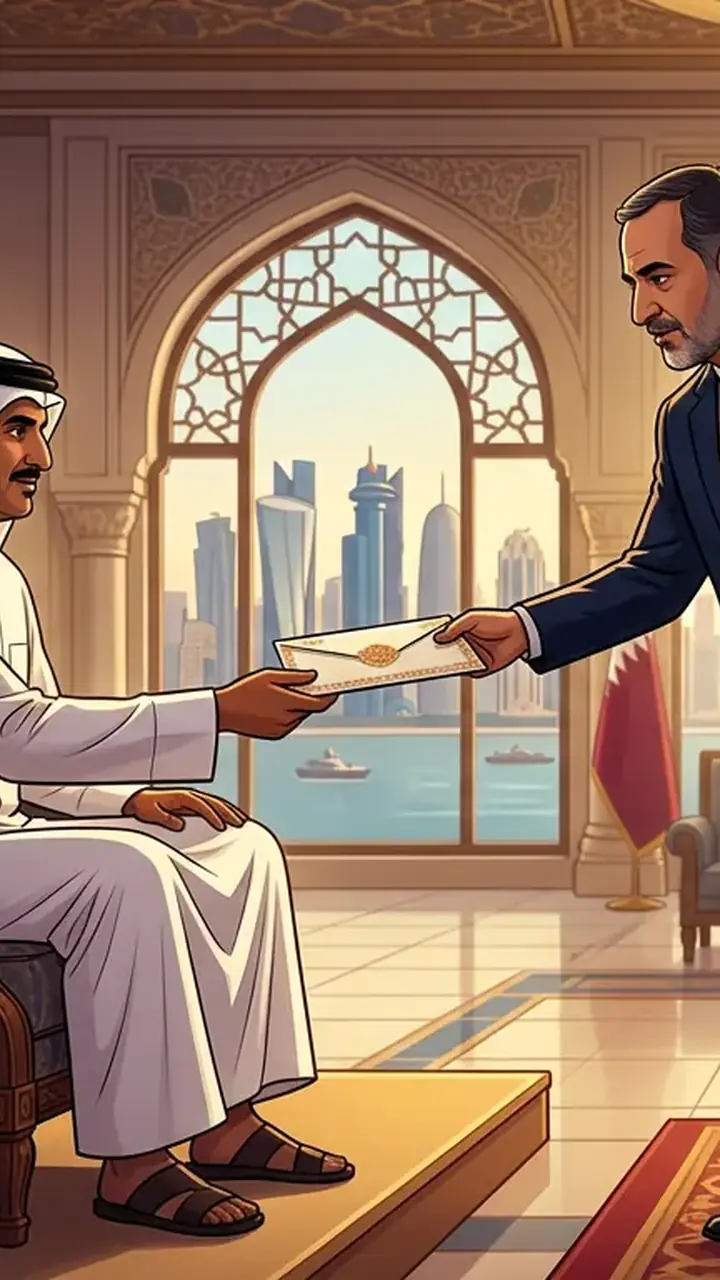 Animated editorial illustration for: Iranian Interior Minister Meets Qatar’s Emir, Delivers Presidential Message